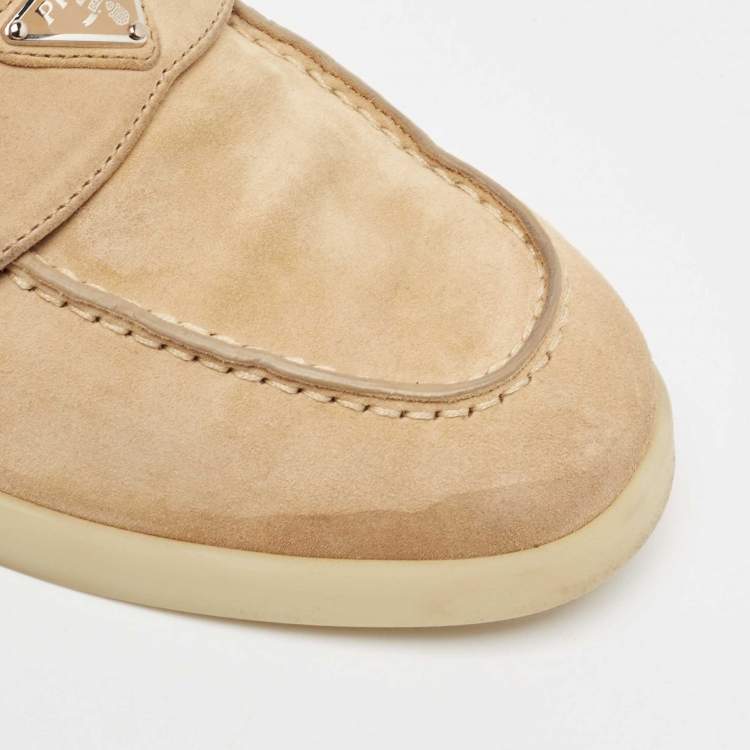 Pre Owned Prada Beige Suede Logo Plaque Slip On Loafers Size 39