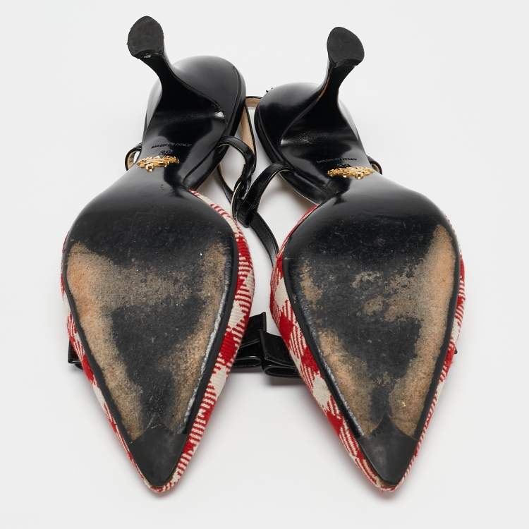Pre Owned Prada Red/Black Fabric and Leather Bow Slingback Pumps Size 39