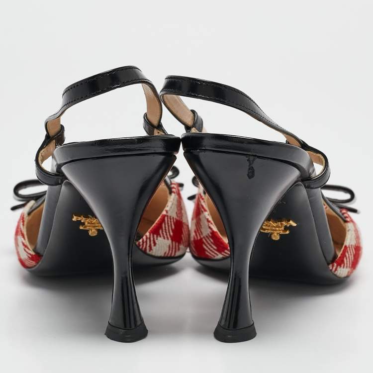 Pre Owned Prada Red/Black Fabric and Leather Bow Slingback Pumps Size 39