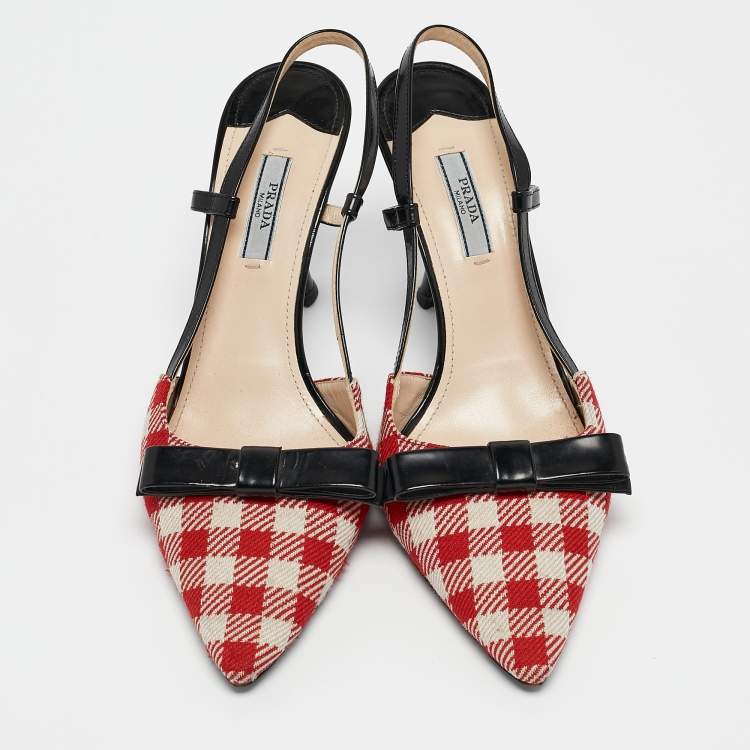 Pre Owned Prada Red/Black Fabric and Leather Bow Slingback Pumps Size 39