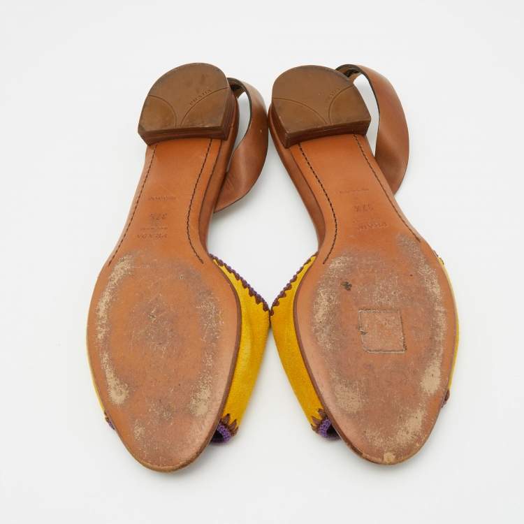 Pre Owned Prada Yellow/Brown Suede and Leather Flat Slingback Sandals Size 37.5