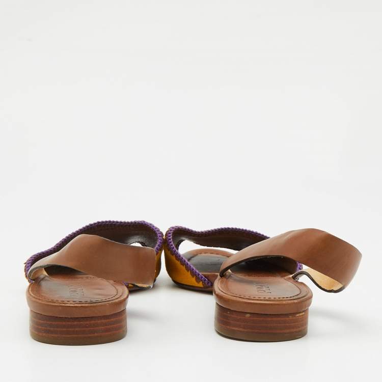Pre Owned Prada Yellow/Brown Suede and Leather Flat Slingback Sandals Size 37.5