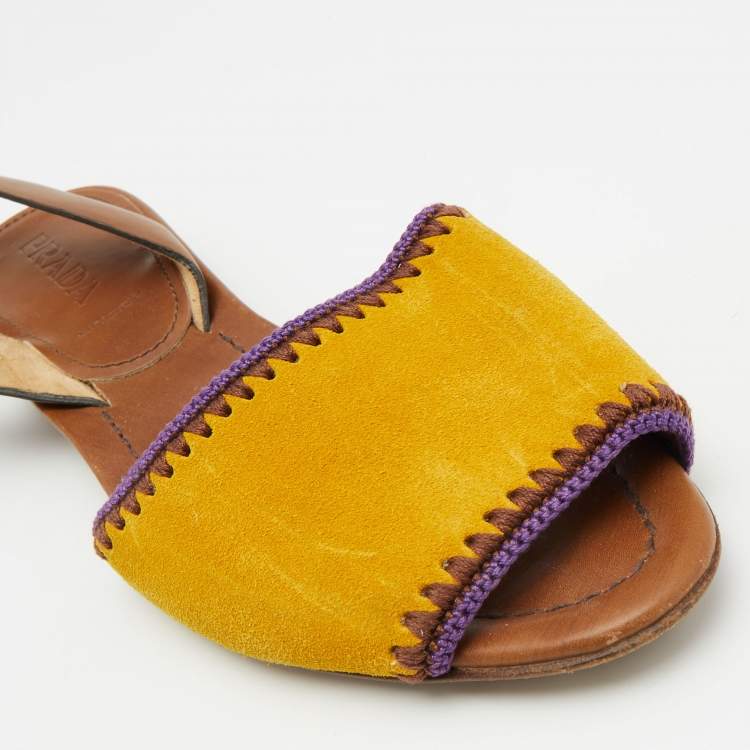 Pre Owned Prada Yellow/Brown Suede and Leather Flat Slingback Sandals Size 37.5