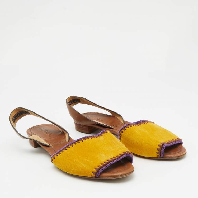 Pre Owned Prada Yellow/Brown Suede and Leather Flat Slingback Sandals Size 37.5