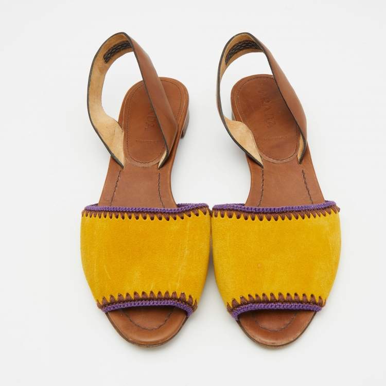 Pre Owned Prada Yellow/Brown Suede and Leather Flat Slingback Sandals Size 37.5
