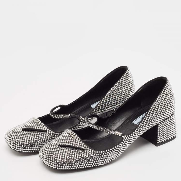 Pre Owned Prada Silver Crystals and Satin Mary Jane Pumps Size 39.5