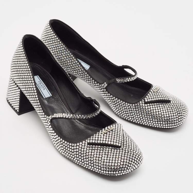 Pre Owned Prada Silver Crystals and Satin Mary Jane Pumps Size 39.5