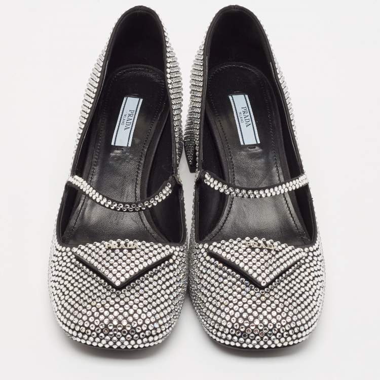 Pre Owned Prada Silver Crystals and Satin Mary Jane Pumps Size 39.5