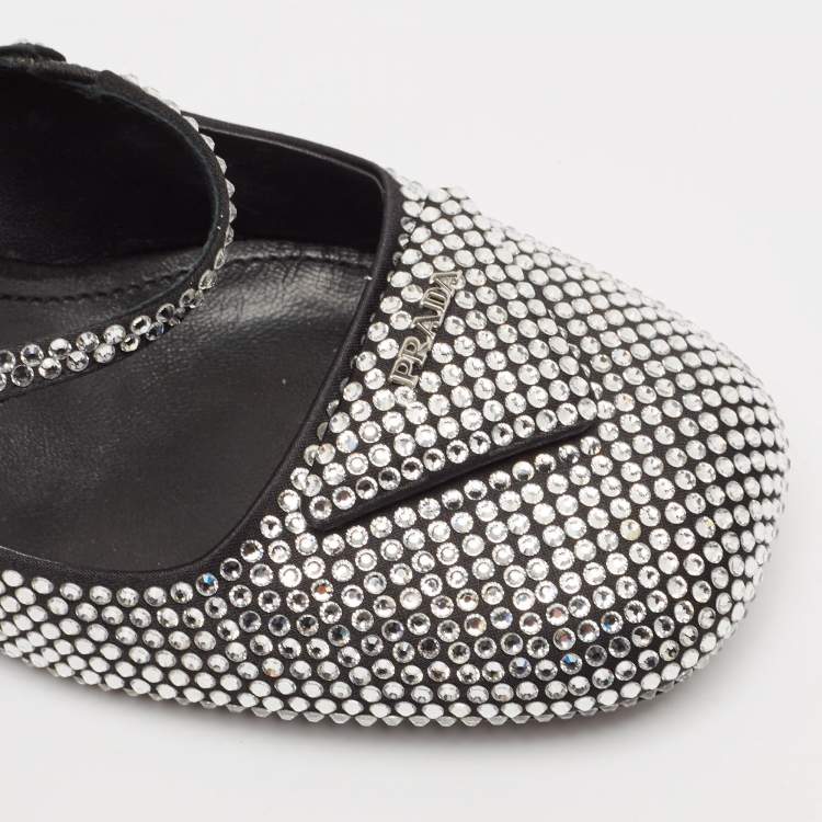 Pre Owned Prada Silver Crystals and Satin Mary Jane Pumps Size 39.5
