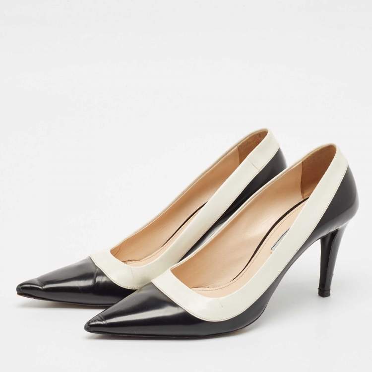 Pre Owned Prada Black/White Leather Pointed Toe Pumps Size 39