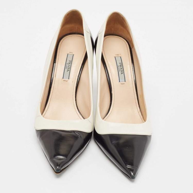 Pre Owned Prada Black/White Leather Pointed Toe Pumps Size 39