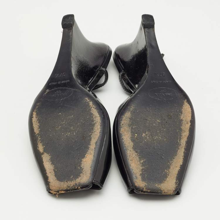 Pre Owned Prada Black Patent Leather Wedge Slingback Sandals Size 37.5