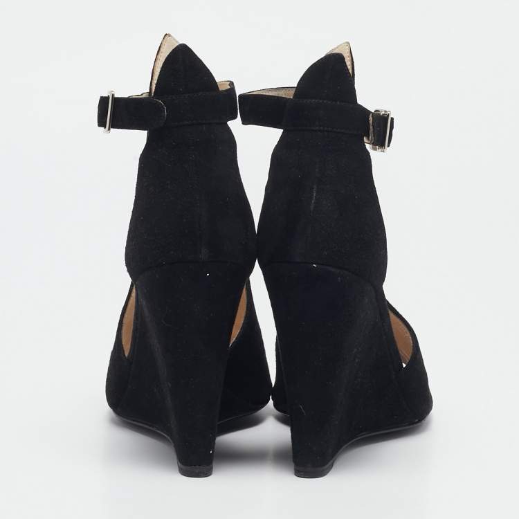 Pre Owned Prada Black Suede Wedge Ankle Strap Sandals Size 40