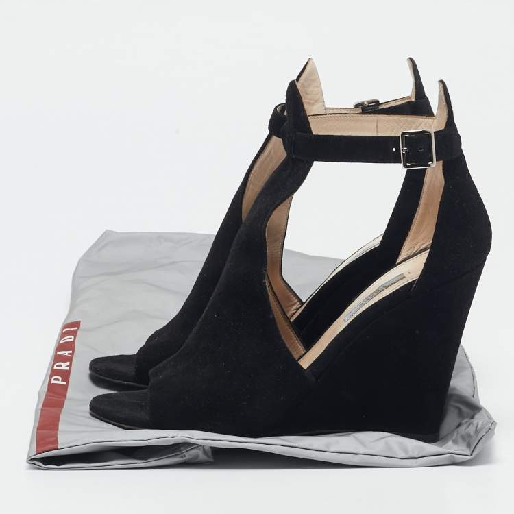 Pre Owned Prada Black Suede Wedge Ankle Strap Sandals Size 40