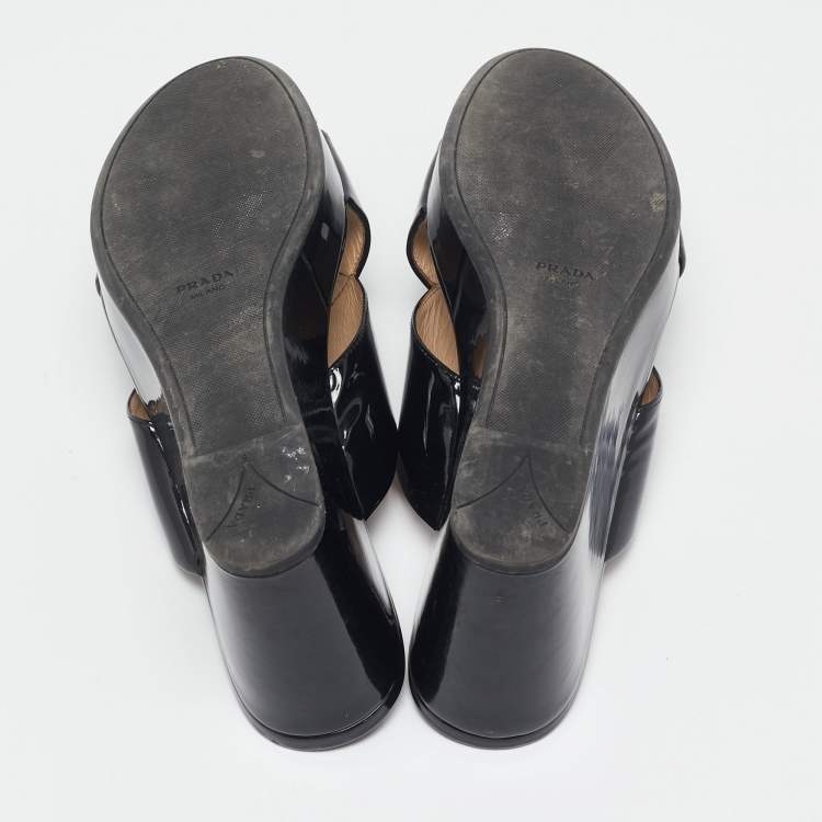 Pre Owned Prada Black Patent Leather Criss Cross Wedge Platform Slide Sandals Size 41
