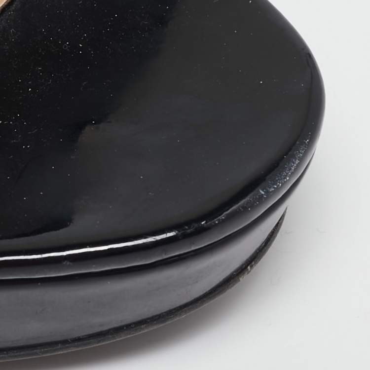 Pre Owned Prada Black Patent Leather Criss Cross Wedge Platform Slide Sandals Size 41