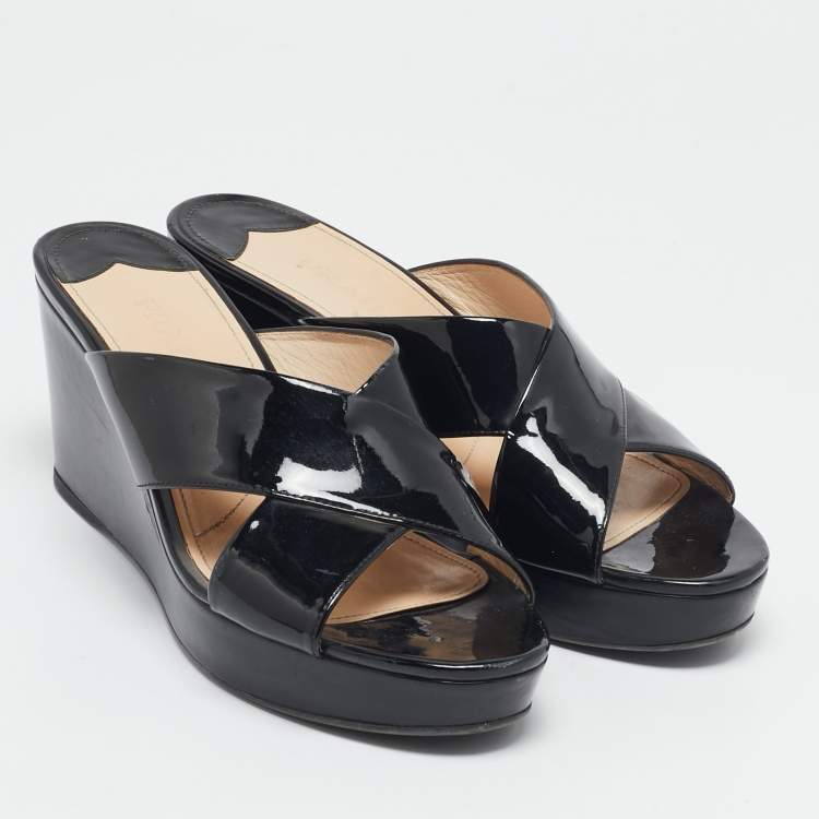 Pre Owned Prada Black Patent Leather Criss Cross Wedge Platform Slide Sandals Size 41