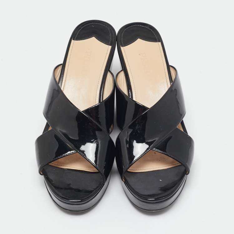 Pre Owned Prada Black Patent Leather Criss Cross Wedge Platform Slide Sandals Size 41