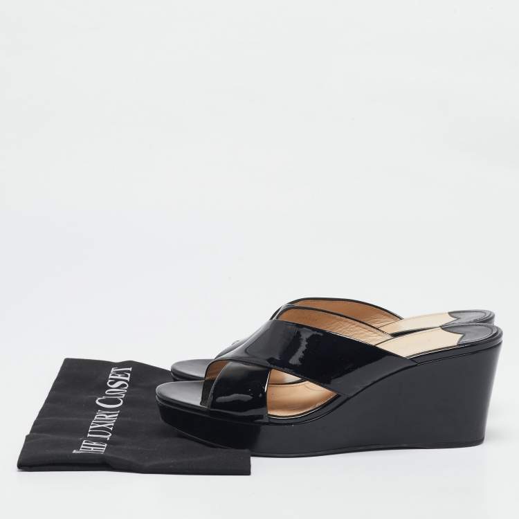 Pre Owned Prada Black Patent Leather Criss Cross Wedge Platform Slide Sandals Size 41