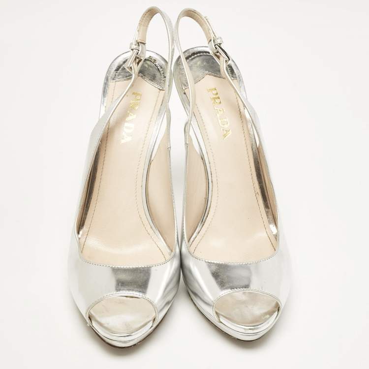Pre Owned Prada Silver Laminated Leather Peep Toe Slingback Pumps Size 40
