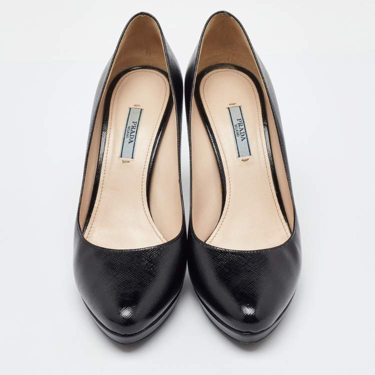 Pre Owned Prada Black Saffiano Patent Leather Platform Pumps Size 40.5
