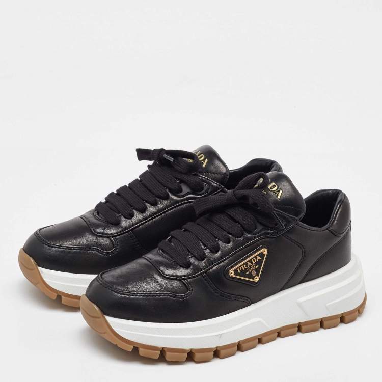 Pre Owned Prada Black Leather Triangle Logo Plaque Low Top Sneakers Size 36