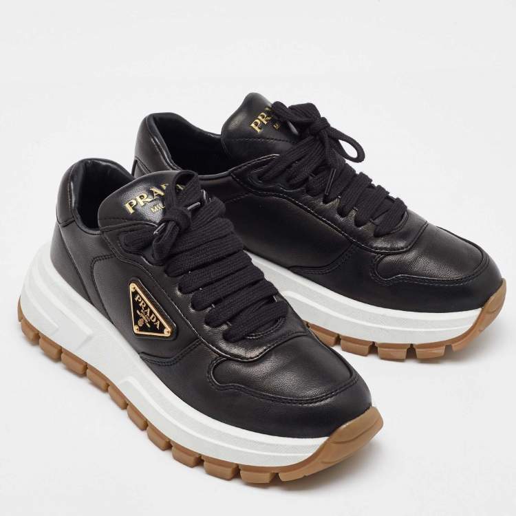 Pre Owned Prada Black Leather Triangle Logo Plaque Low Top Sneakers Size 36