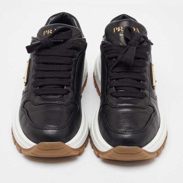 Pre Owned Prada Black Leather Triangle Logo Plaque Low Top Sneakers Size 36