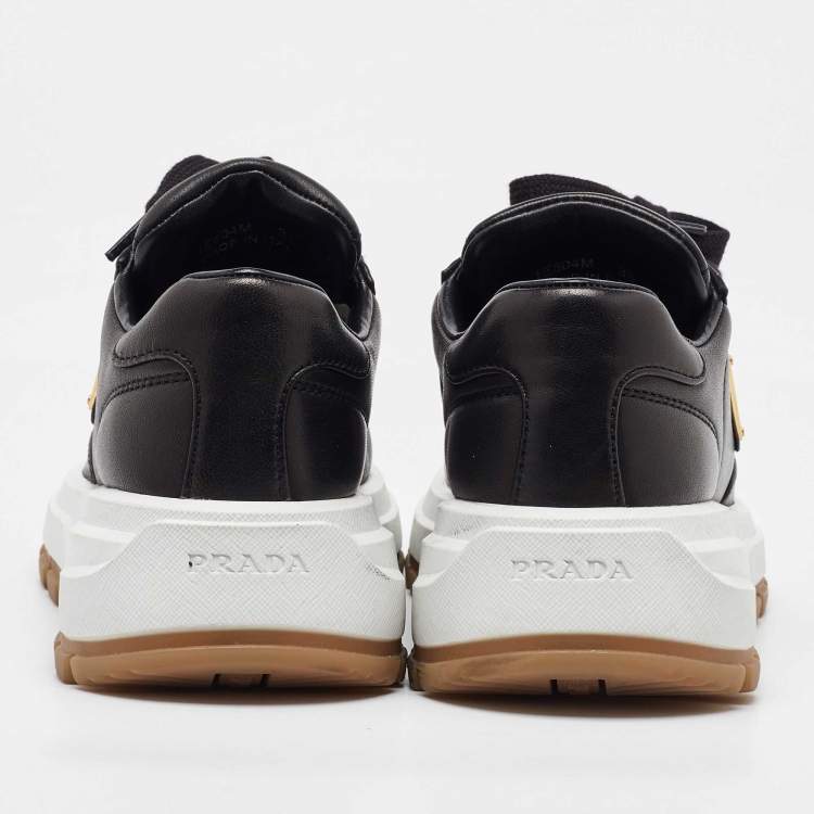 Pre Owned Prada Black Leather Triangle Logo Plaque Low Top Sneakers Size 36
