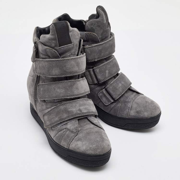 Pre Owned Prada Sport Grey Suede High Top Wedge Sneakers Size 37