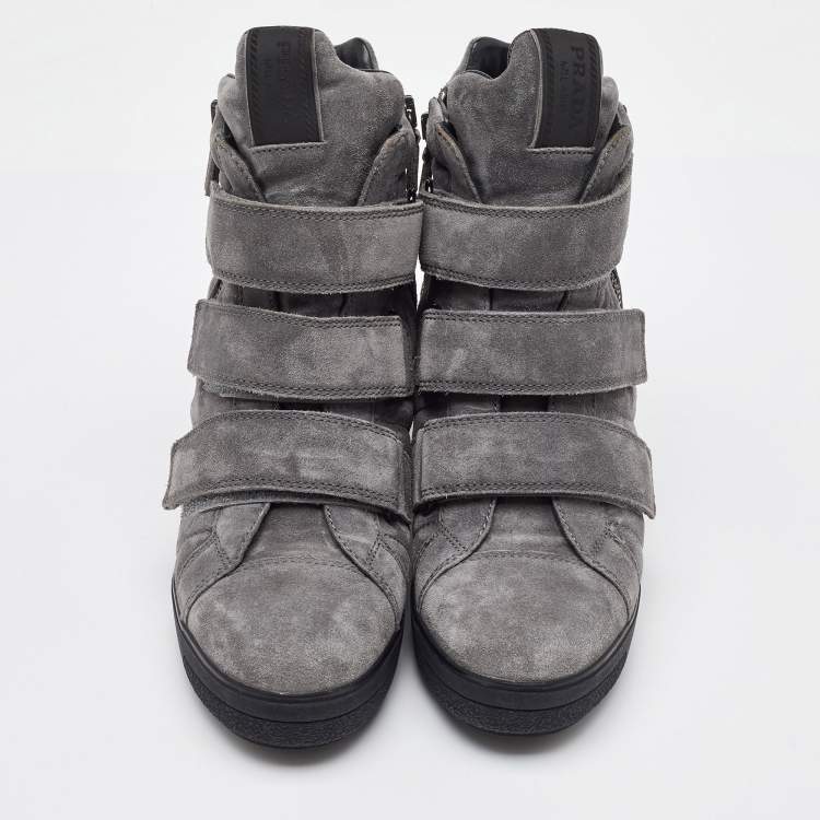 Pre Owned Prada Sport Grey Suede High Top Wedge Sneakers Size 37