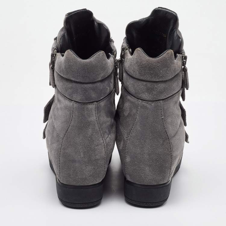 Pre Owned Prada Sport Grey Suede High Top Wedge Sneakers Size 37