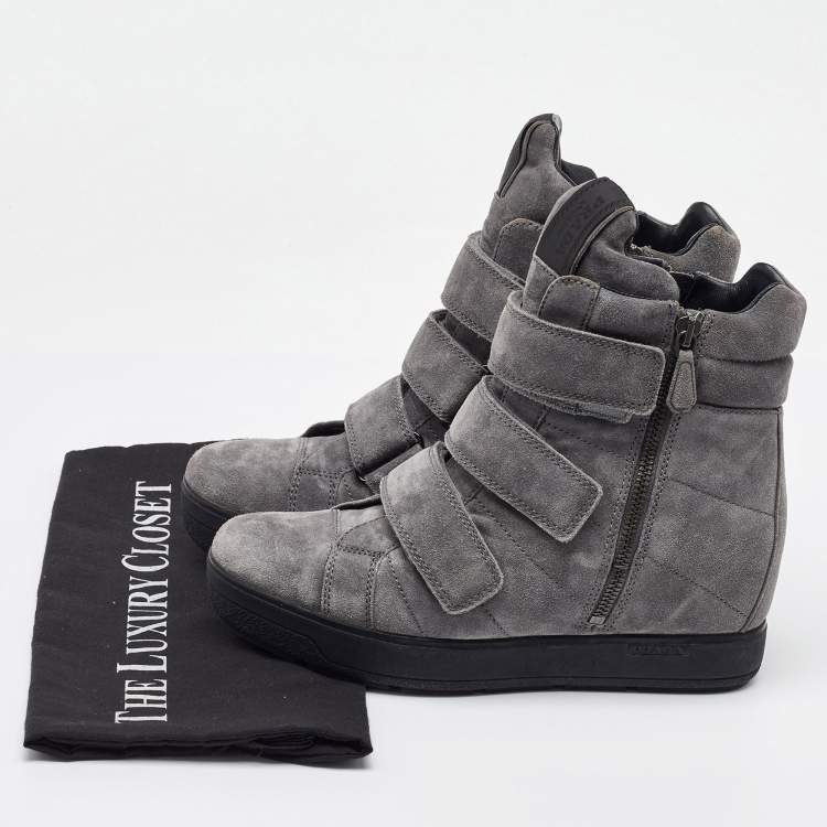 Pre Owned Prada Sport Grey Suede High Top Wedge Sneakers Size 37