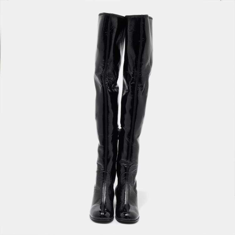 Pre Owned Prada Black Patent Leather Over The Knee Boots Size 37.5