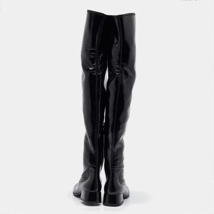 Pre Owned Prada Black Patent Leather Over The Knee Boots Size 37.5