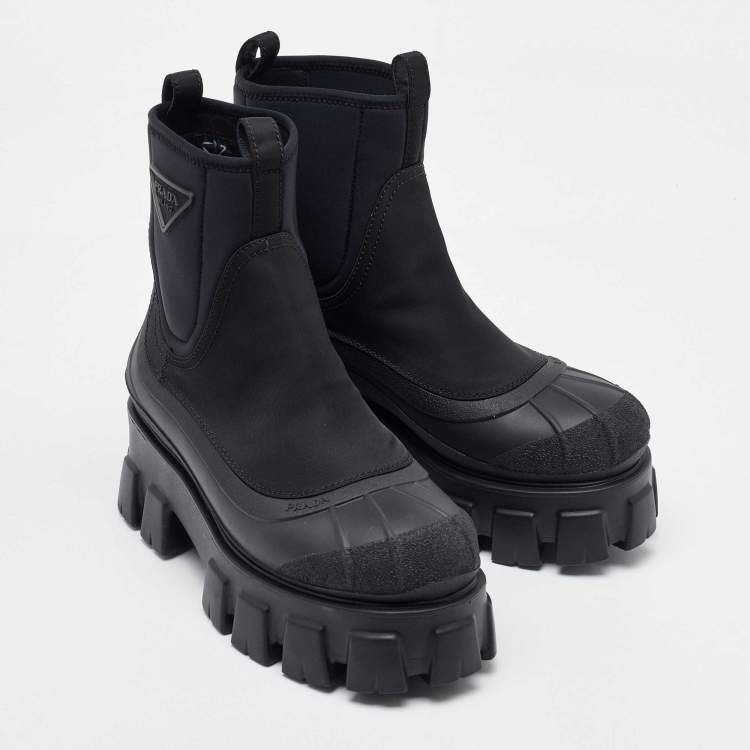 Pre Owned Prada Black Neoprene and Rubber Monolith Ankle Length Boots Size 36.5