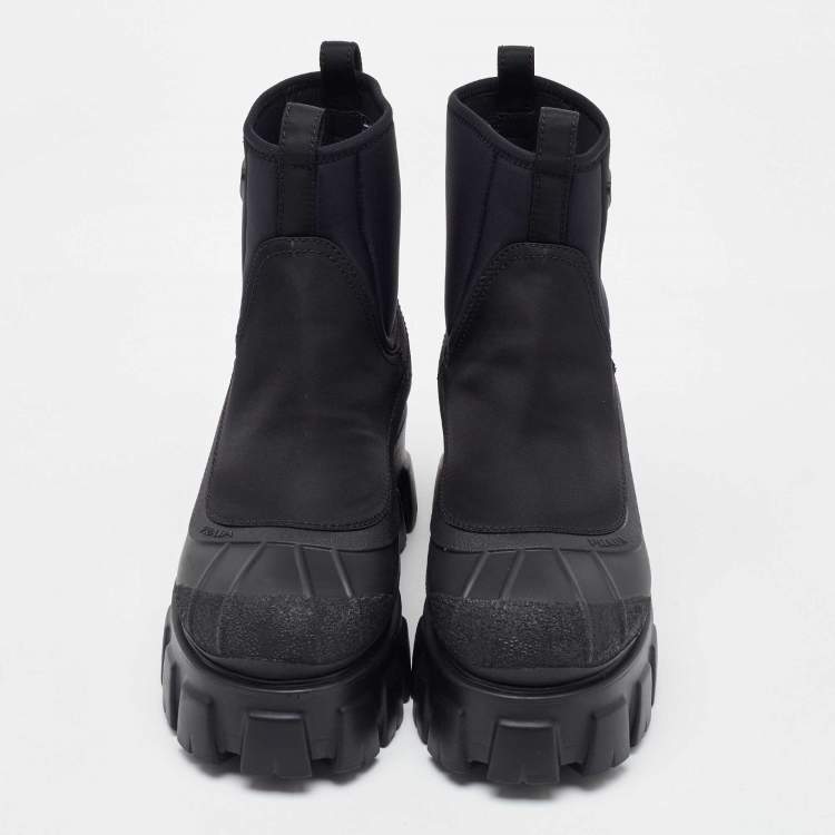 Pre Owned Prada Black Neoprene and Rubber Monolith Ankle Length Boots Size 36.5