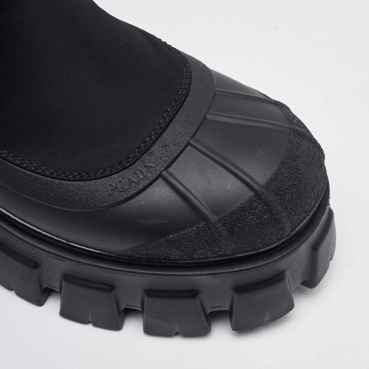 Pre Owned Prada Black Neoprene and Rubber Monolith Ankle Length Boots Size 36.5