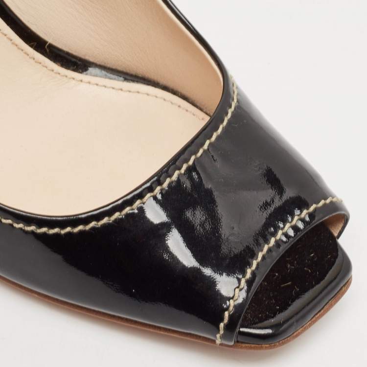 Pre Owned Prada Black Patent Open Toe Espadrille Wedge Pumps Size 39.5