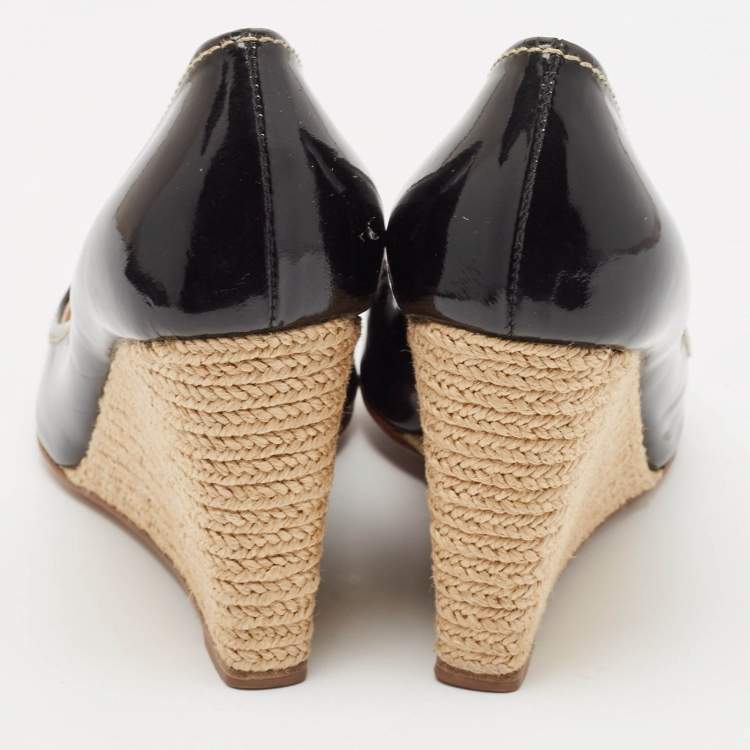 Pre Owned Prada Black Patent Open Toe Espadrille Wedge Pumps Size 39.5