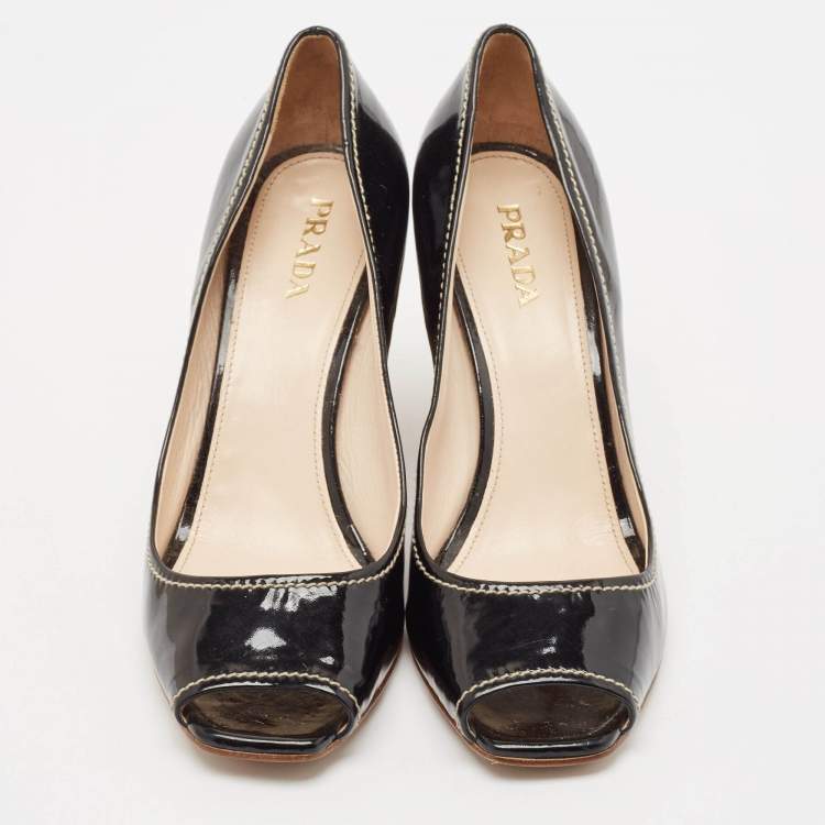 Pre Owned Prada Black Patent Open Toe Espadrille Wedge Pumps Size 39.5
