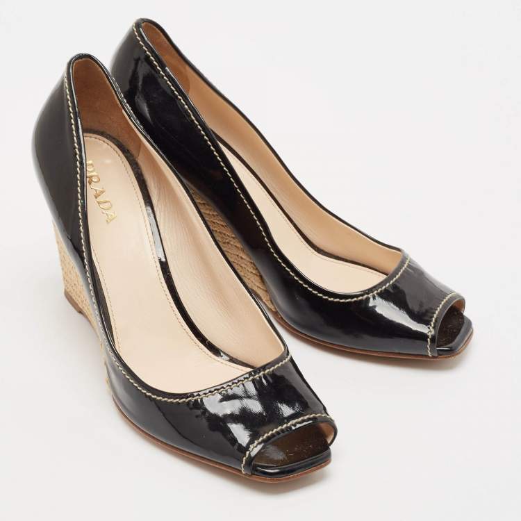 Pre Owned Prada Black Patent Open Toe Espadrille Wedge Pumps Size 39.5