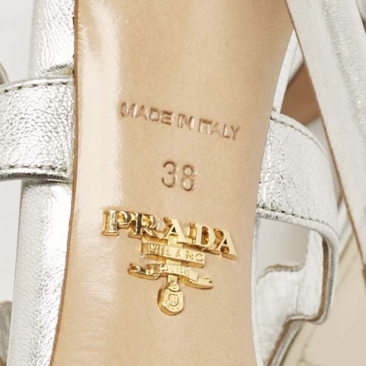 Pre Owned Prada Silver Leather Ankle Strap Sandals Size 38
