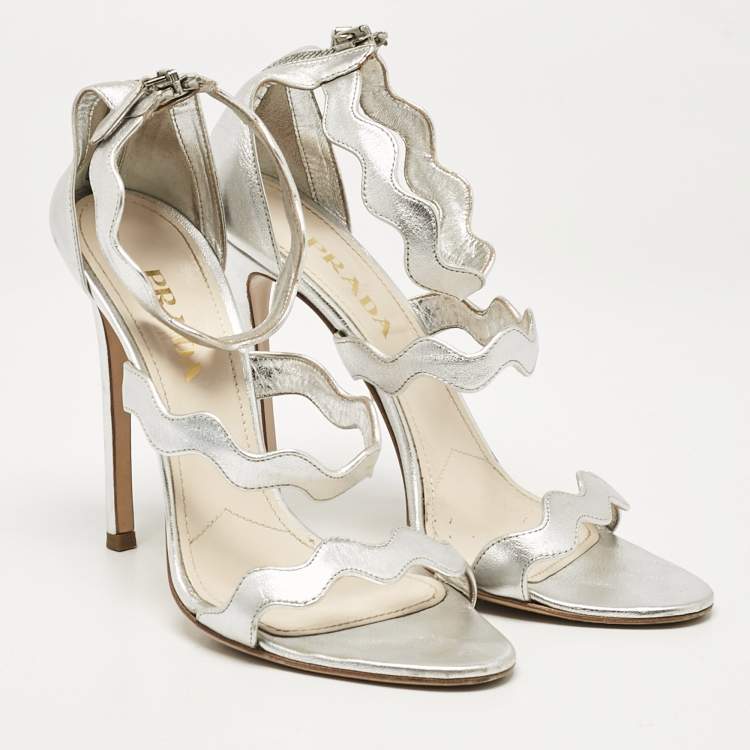Pre Owned Prada Silver Leather Ankle Strap Sandals Size 38