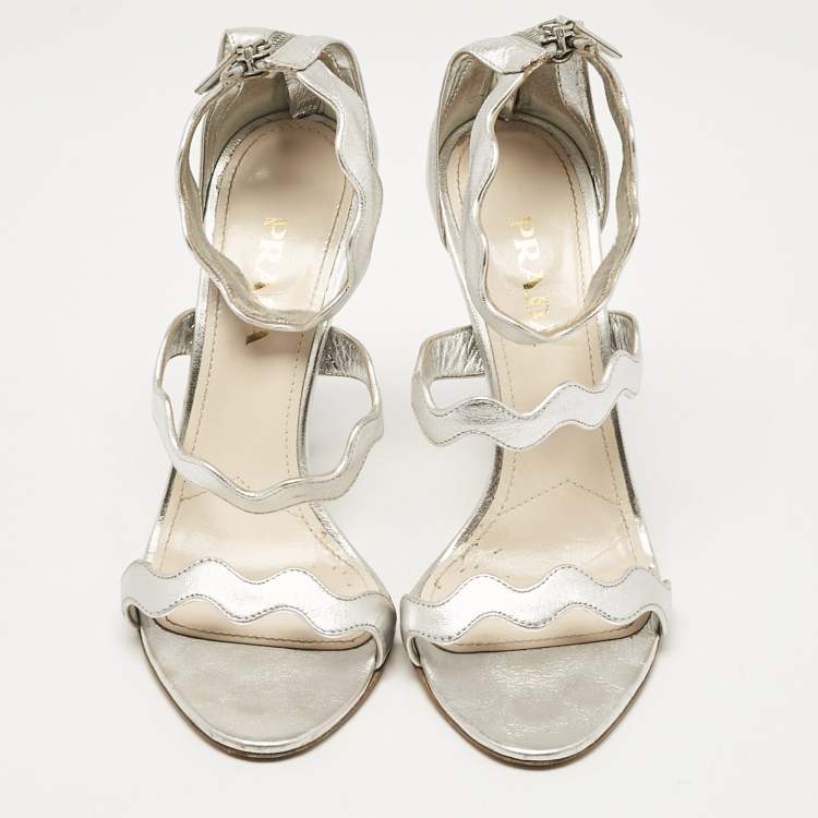 Pre Owned Prada Silver Leather Ankle Strap Sandals Size 38