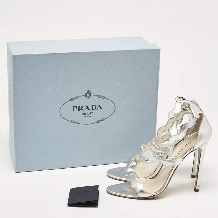 Pre Owned Prada Silver Leather Ankle Strap Sandals Size 38
