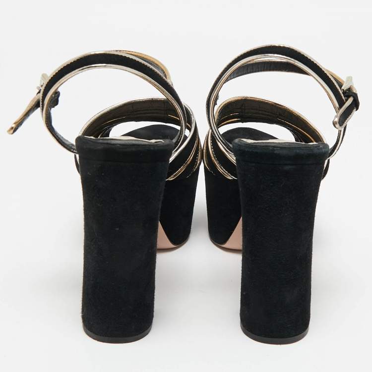 Pre Owned Prada Black/Gold Suede And Leather Open Toe Ankle Strap Platform Sandals Size 38.5