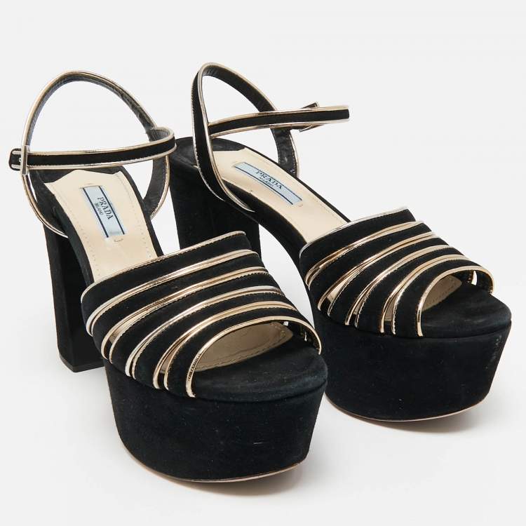 Pre Owned Prada Black/Gold Suede And Leather Open Toe Ankle Strap Platform Sandals Size 38.5