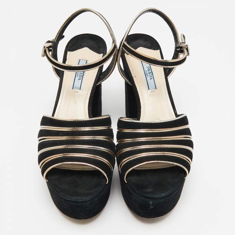 Pre Owned Prada Black/Gold Suede And Leather Open Toe Ankle Strap Platform Sandals Size 38.5