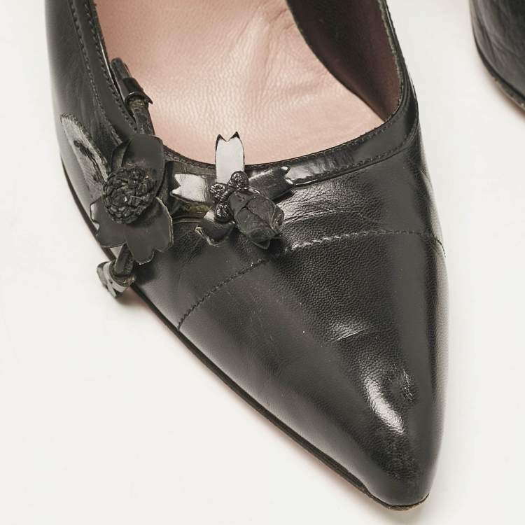 Pre Owned Prada Black Leather Flower Pointed Toe Pumps Size 38.5